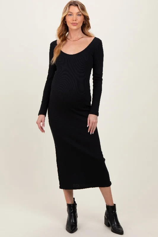 Women's midi dress ray pop -Black Scoop Neck Long Sleeve Maternity Midi Dress