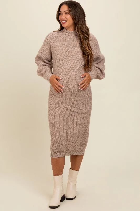 Women's midi dress twist pop -Beige Mock Neck Bubble Sleeve Maternity Midi Sweater Dress