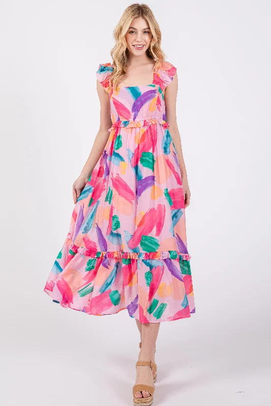 Women's midi dress sun glow -Pink Watercolor Print Ruffle Accent Midi Dress