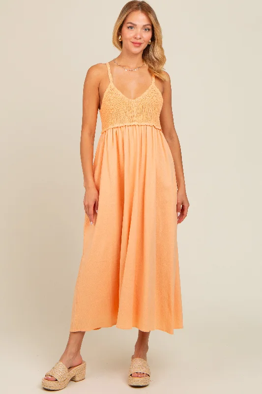 Women's midi dress artsy pop -Peach V-Neck Crochet Top Midi Dress