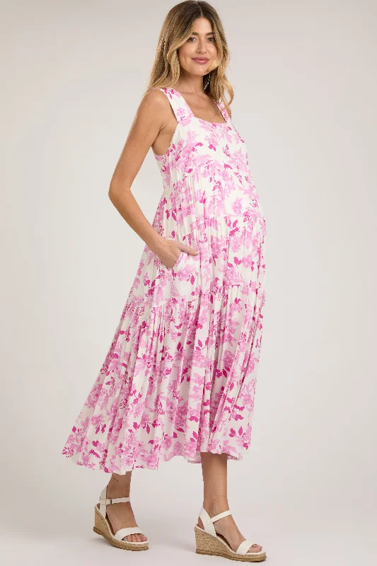 Women's floral dress hip flair -Pink Floral Sleeveless Tiered Maternity Maxi Dress