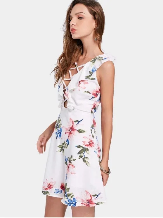 ladies-floral-dress-breathable-bud-TastyHottie - Gorgeous Floral Print Criss Cross Ruffled Plunge Dress