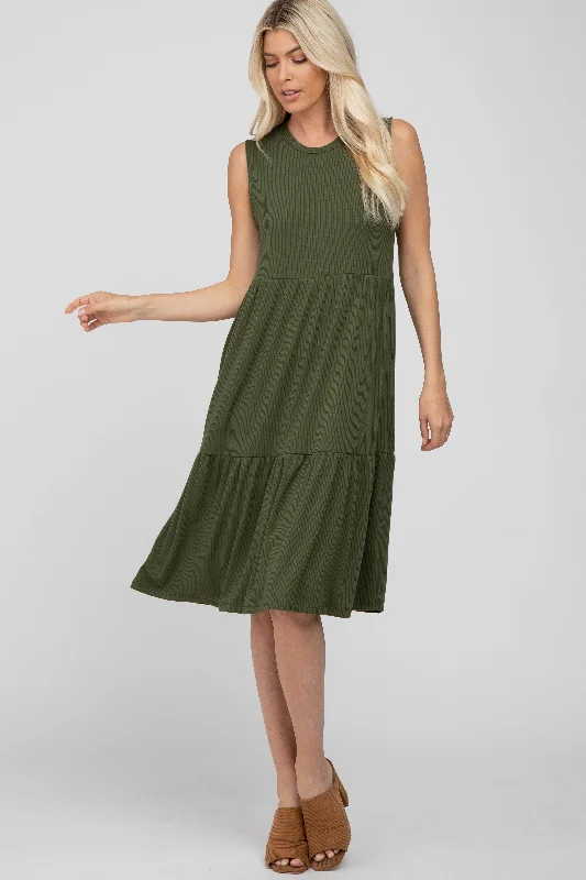 Women's midi dress rush chic -Olive Ribbed Tiered Midi Dress