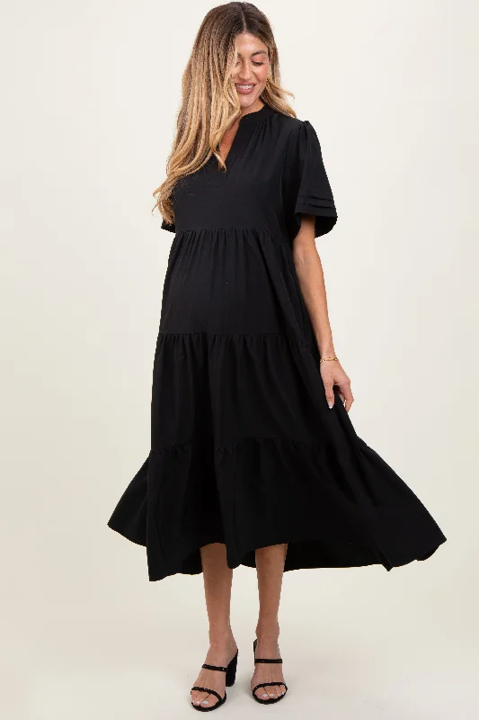 Women's midi dress gentle chic -Black V-Neck Tiered Maternity Midi Dress