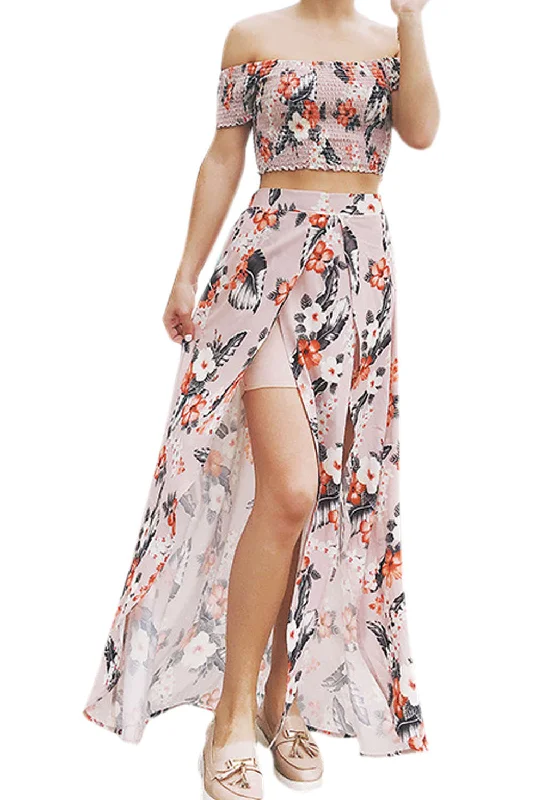 Women's floral dress desk flair -Iyasson Women's Floral Print Off-Shoulder Two Piece Maxi Dress