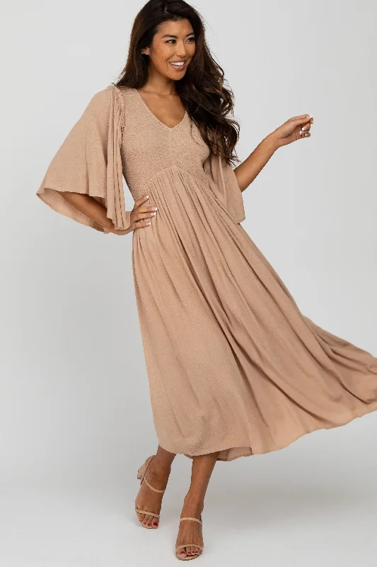 Women's midi dress bud glow -Taupe Smocked Front Ruffle Sleeve Midi Dress