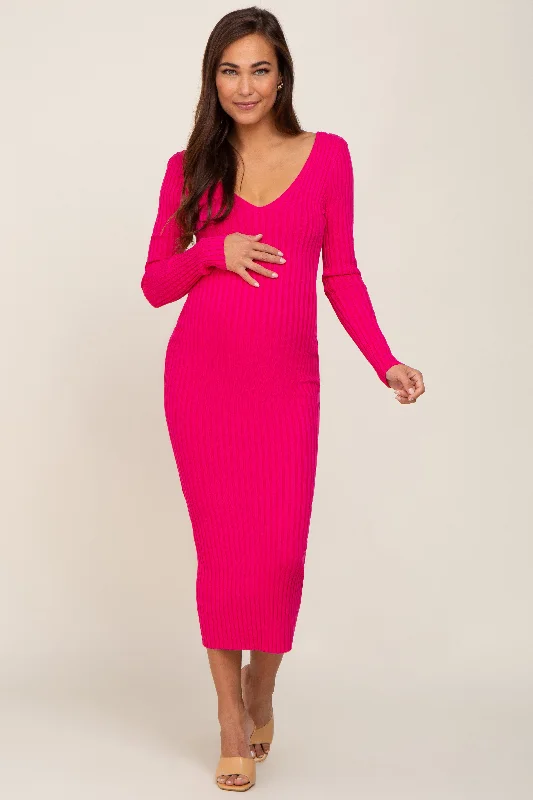 Women's floral dress buzz chic -Fuchsia V-Neck Long Sleeve Fitted Maternity Maxi Dress