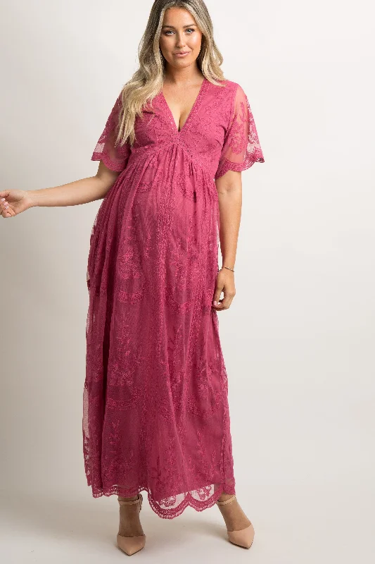 Women's floral dress hush chic -PinkBlush Magenta Lace Mesh Overlay Maternity Maxi Dress