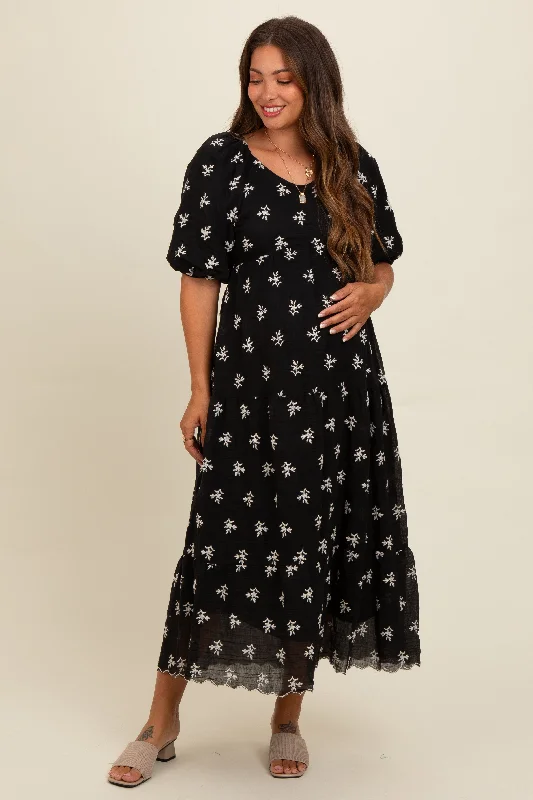 Women's midi dress band pop -Black Floral Puff Sleeve Maternity Midi Dress