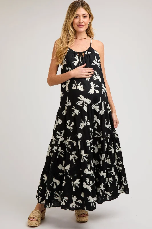 Women's floral dress stem flair -Black Bow Print Halter Front Tie Tiered Maternity Maxi Dress