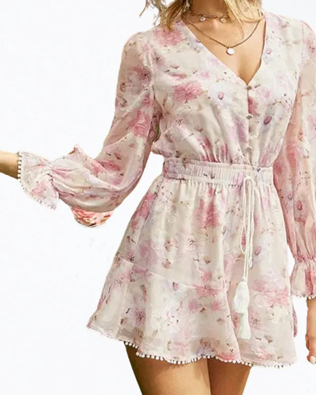 ladies-floral-dress-green-gleam-Floral-Print Chiffon Flounce Romper in Light Pink | Light Pink