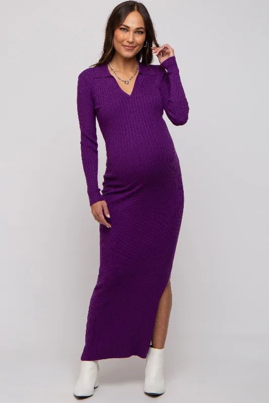 Women's floral dress rest flair -Purple Rib Knit Collared Maternity Maxi Dress