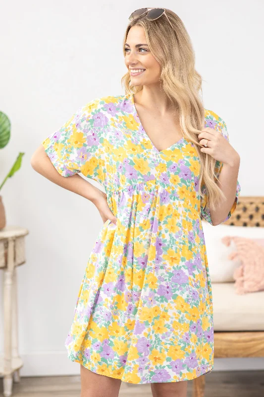 ladies-floral-dress-sunflower-sweep-Lavender And Yellow Floral V-Neck Dress