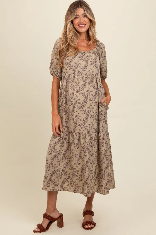 Women's midi dress old flair -Mocha Floral Ruffle Hem Maternity Midi Dress