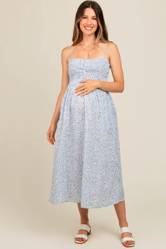 Women's midi dress deep flair -Light Blue Printed Smocked Maternity Midi Dress