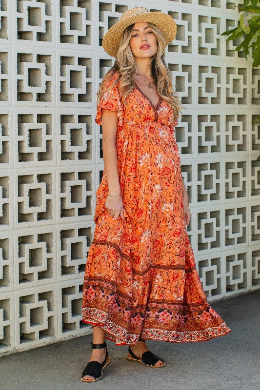 Women's floral dress core chic -Orange Floral Flounce Sleeve Maternity Maxi Dress