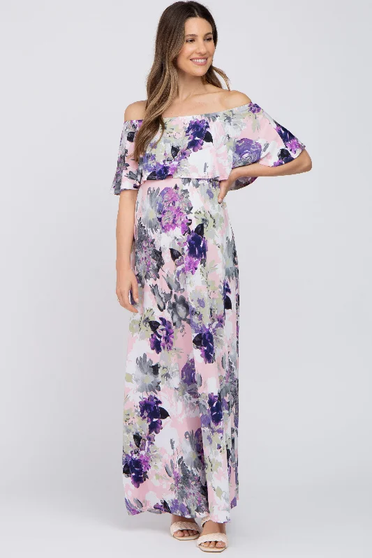 Women's floral dress talk chic -Purple Floral Ruffle Off Shoulder Maternity Maxi Dress