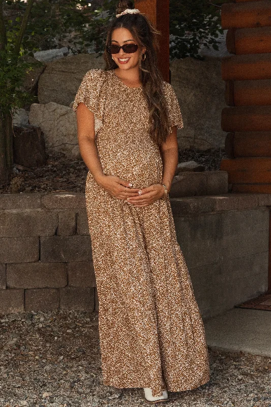 Women's floral dress box pop -Camel Floral Smocked Flutter Sleeve Maternity Maxi Dress