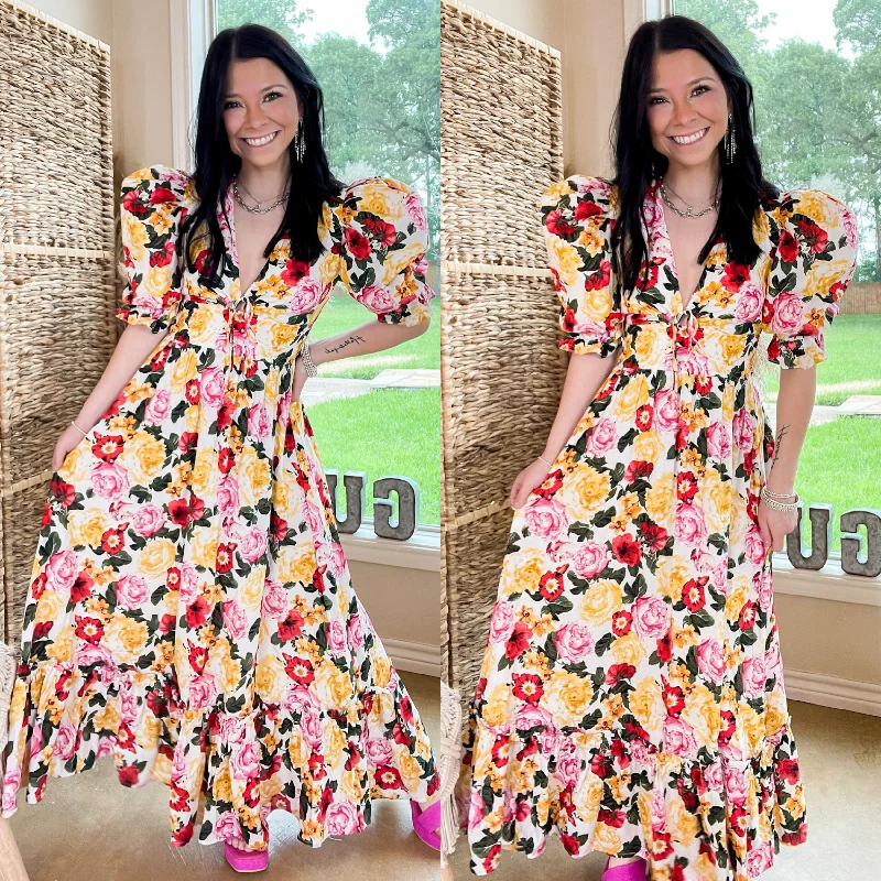 Women's floral dress sheen flair -BuddyLove | Miranda Puff Sleeve Maxi Dress in Vanity Floral Print