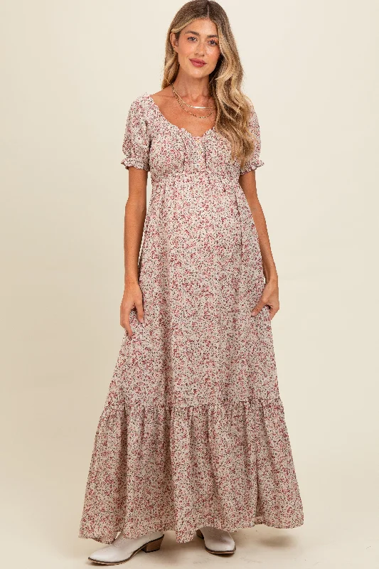 Women's floral dress feast pop -Cream Floral Button Accent Maternity Maxi Dress