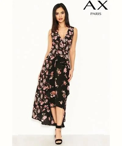 ladies-floral-dress-lilac-luster-Black Floral Frill Dress