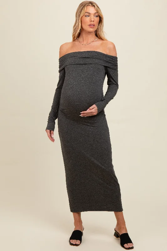 Women's midi dress tidy chic -Charcoal Foldover Off Shoulder Long Sleeve Maternity Midi Dress