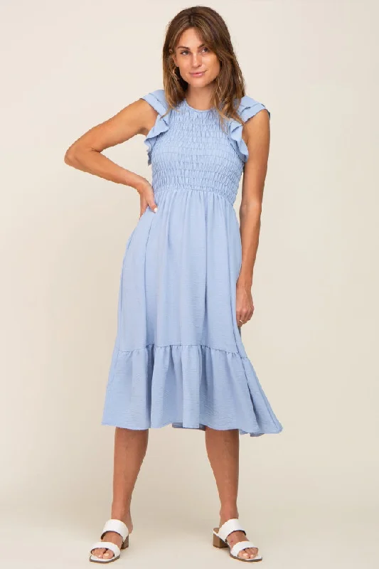 Women's midi dress stripe flair -Light Blue Smocked Layered Ruffle Flutter Sleeve Midi Dress