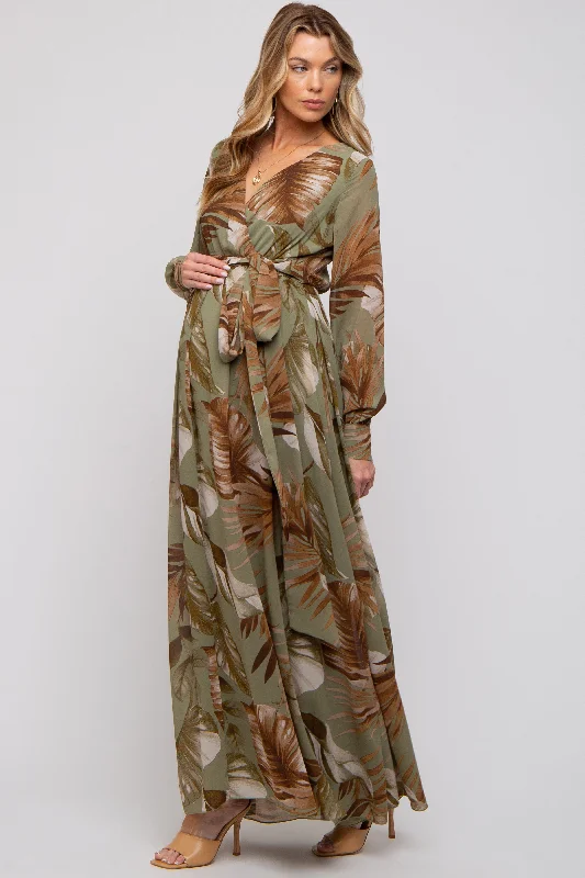 Women's floral dress sew chic -Olive Palm Print Chiffon Wrap Front V-Neck Long Sleeve Maternity Maxi Dress