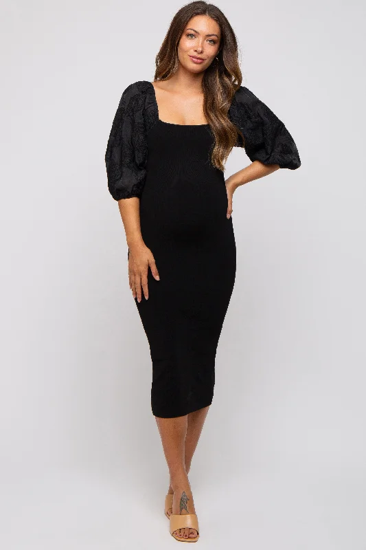 Women's midi dress sway flair -Black Floral Puff Sleeve Maternity Midi Dress