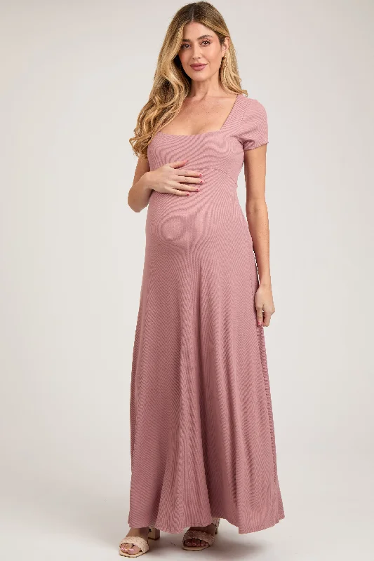 Women's floral dress twist bloom -Mauve Ribbed Square Neck Short Sleeve Maternity Maxi Dress