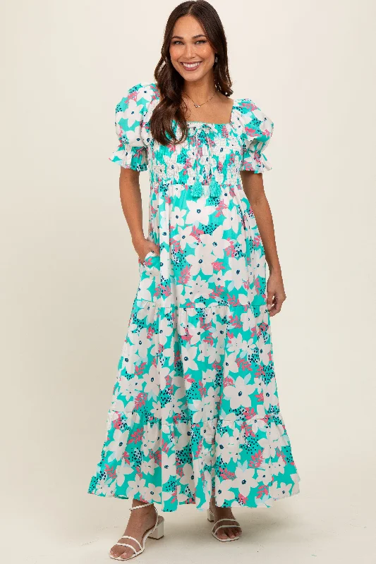 Women's floral dress perk glow -Aqua Floral Puff Sleeve Maternity Maxi Dress