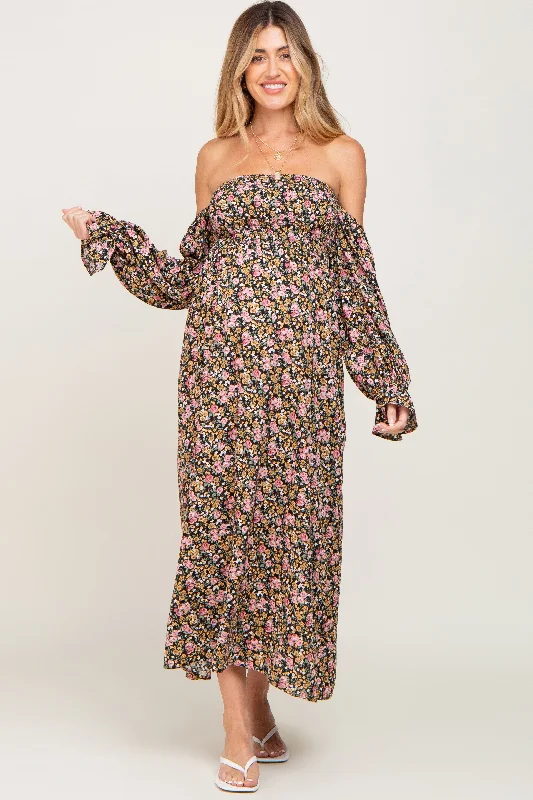 Women's floral dress roar pop -Black Floral Off Shoulder Long Sleeve Maternity Maxi Dress