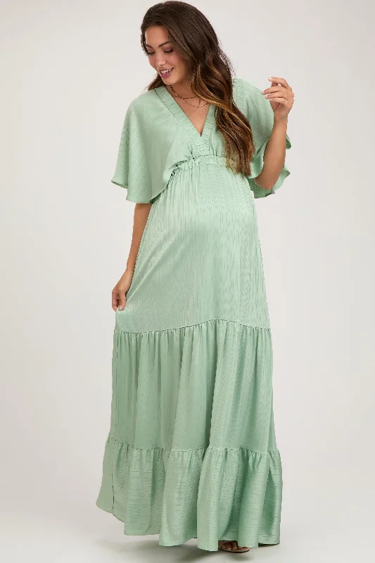 Women's floral dress long flair -Mint V-Neck Flutter Sleeve Tiered Maternity Maxi Dress