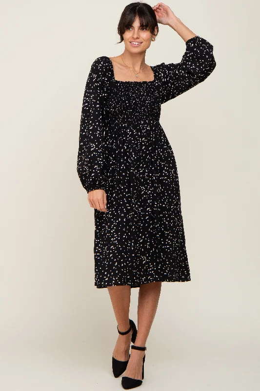 Women's midi dress morn glow -Black Printed Long Sleeve Midi Dress