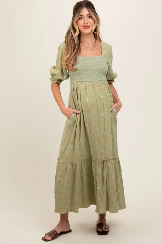 Women's midi dress mint chic -Light Olive Gauze Smocked Embroidered Square Neck Maternity Midi Dress