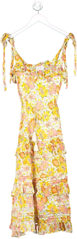 ladies-floral-dress-vermilion-vibe-Cleobella Yellow Floral Sheer Tiered Dress UK S