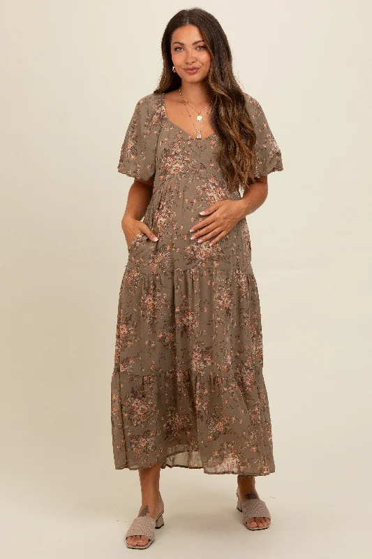 Women's floral dress nip glow -Olive Floral Tiered Puff Sleeve Maternity Maxi Dress