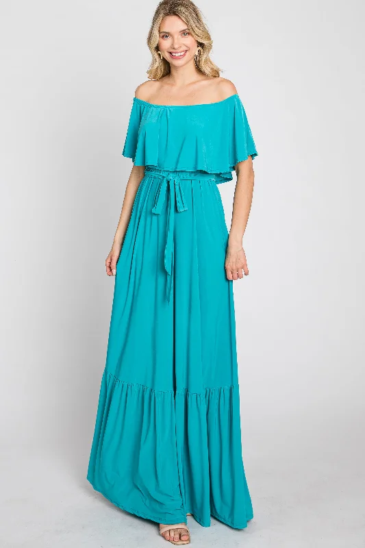 Women's floral dress ray flair -Turquoise Off Shoulder Maxi Dress