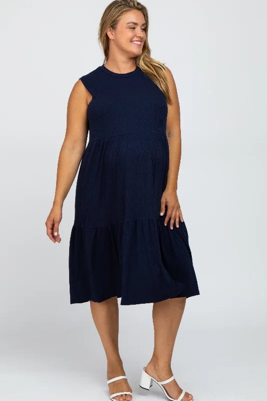 Women's midi dress hand chic -Navy Ribbed Sleeveless Plus Maternity Midi Dress