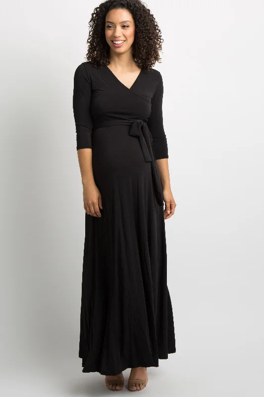 Women's floral dress pinch flair -Black Solid Sash Tie Maternity Maxi Dress