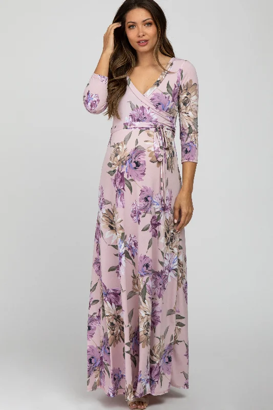 Women's floral dress star flair -Lavender Floral Maternity Wrap Maxi Dress