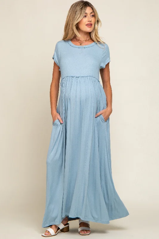 Women's floral dress vine pop -Light Blue Short Sleeve Pocketed Maternity Maxi Dress