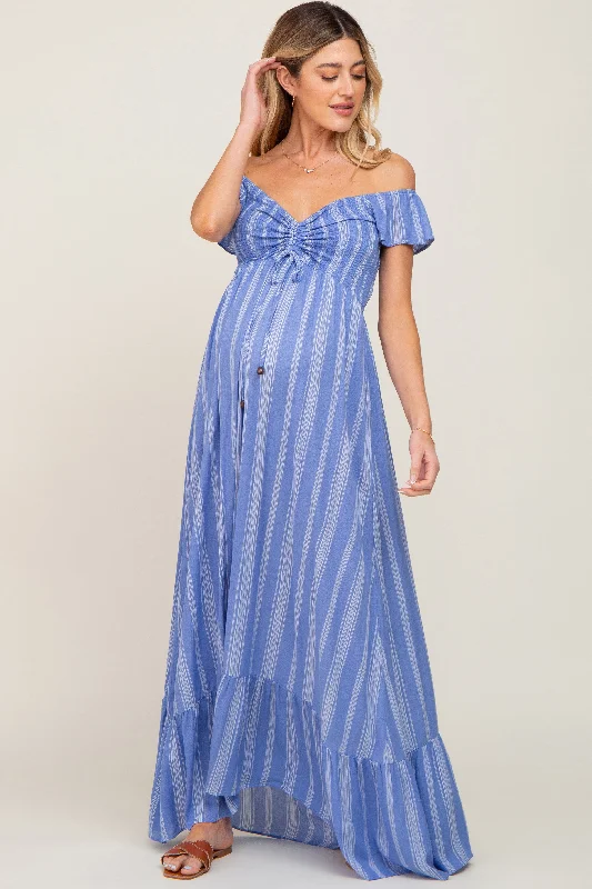 Women's floral dress last chic -Blue Striped Off Shoulder Front Tie Maternity Maxi Dress