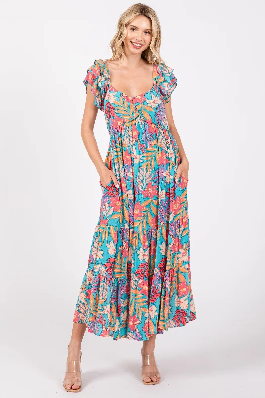 Women's midi dress pro glow -Turquoise Floral Ruffle Sleeve Midi Dress