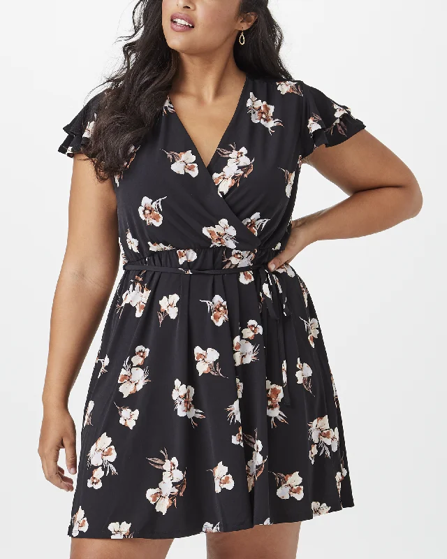 ladies-floral-dress-flattering-fawn-Harriet Floral-Print Faux-Wrap Skater Dress | Black / Pink