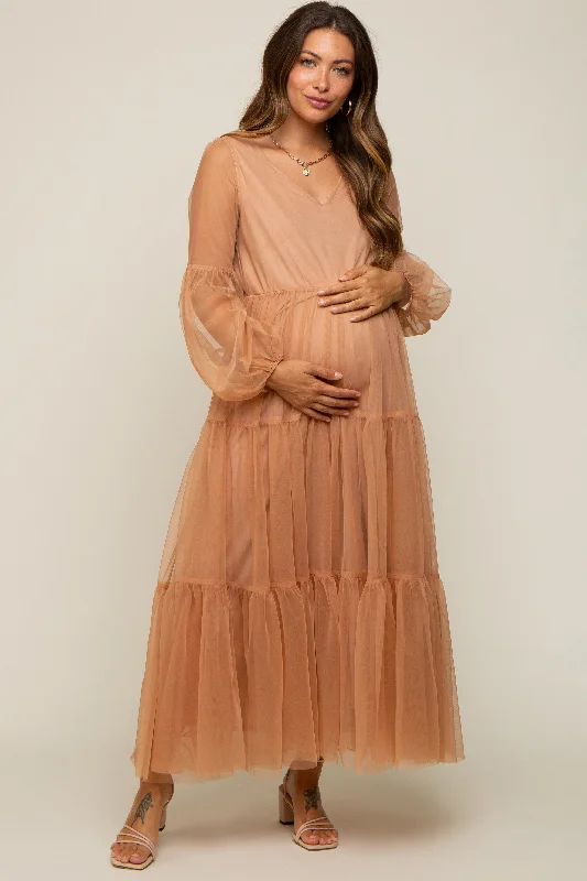 Women's floral dress off flair -Rust Mesh Overlay Tiered Maternity Maxi Dress