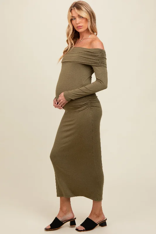 Women's midi dress lone glow -Olive Foldover Off Shoulder Long Sleeve Maternity Midi Dress