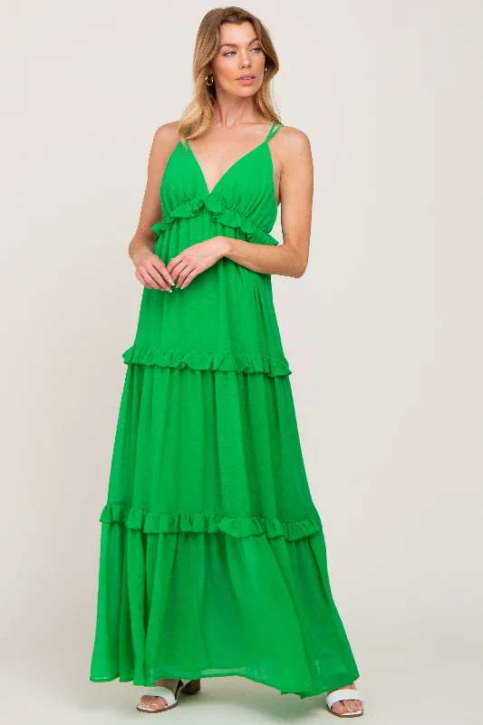 Women's floral dress clean flair -Green Ruffle Tier Cross Back Maxi Dress