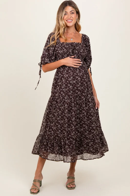 Women's midi dress luxe chic -Dark Brown Floral Smocked Sleeve Tie Maternity Midi Dress