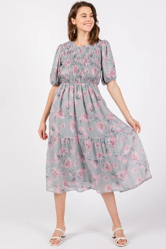 Women's midi dress mauve flair -Grey Floral Smocked Ruffle Hem Midi Dress